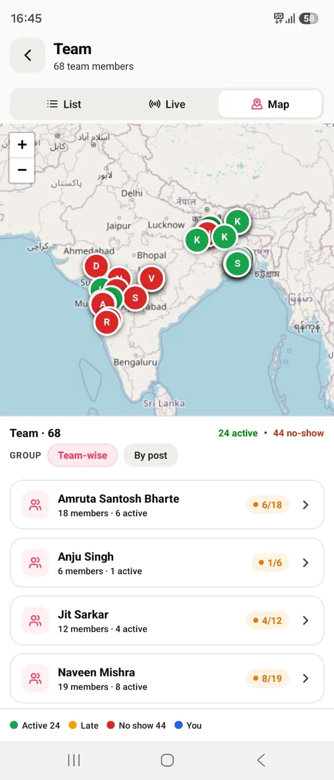 Live GPS team map — 68 reps shown as active, late or no-show, grouped team-wise.